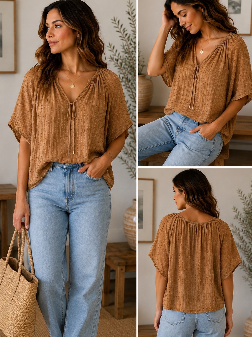 Tommy Hilfiger Tan Textured Tie Neck Boho Blouse Size Small Flowy Dolman Sleeve